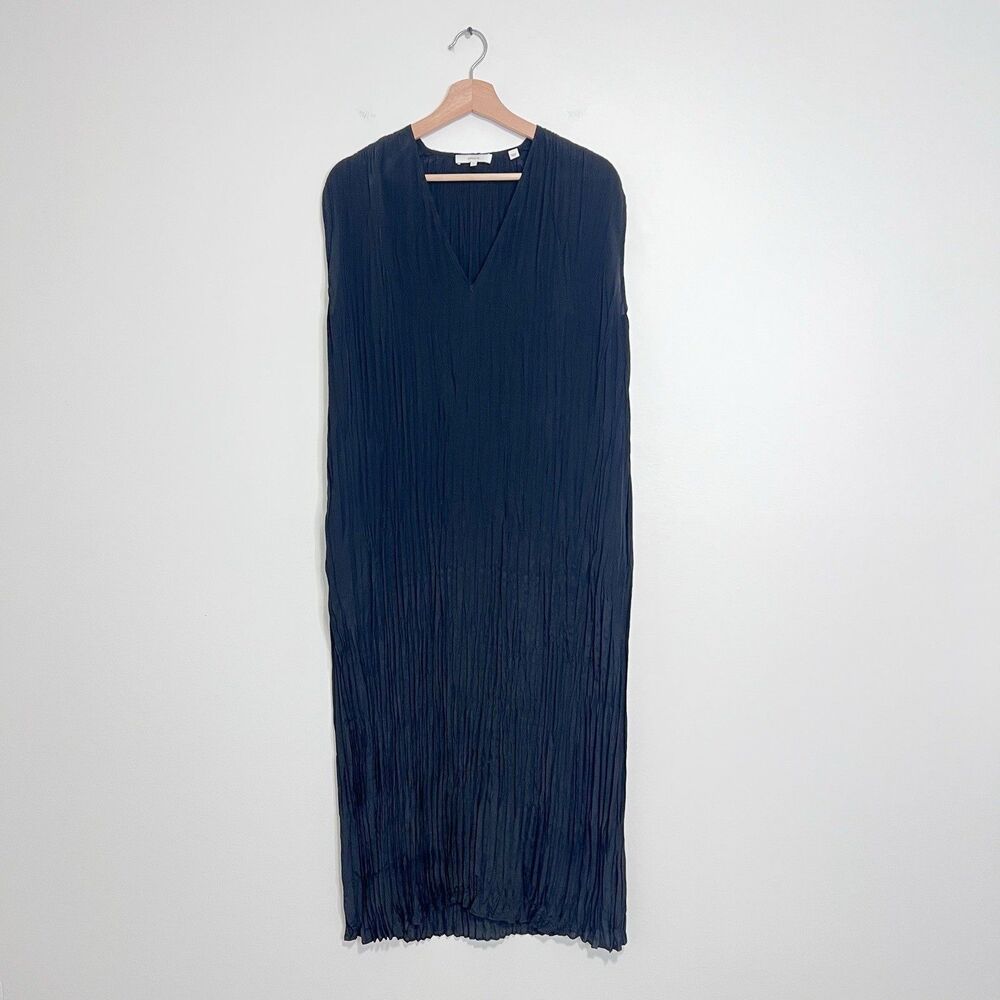 Vince Crushed Silk Black Midi Dress XS V Neck Pleated Minimalist Quiet Luxury - Picture 2 of 11